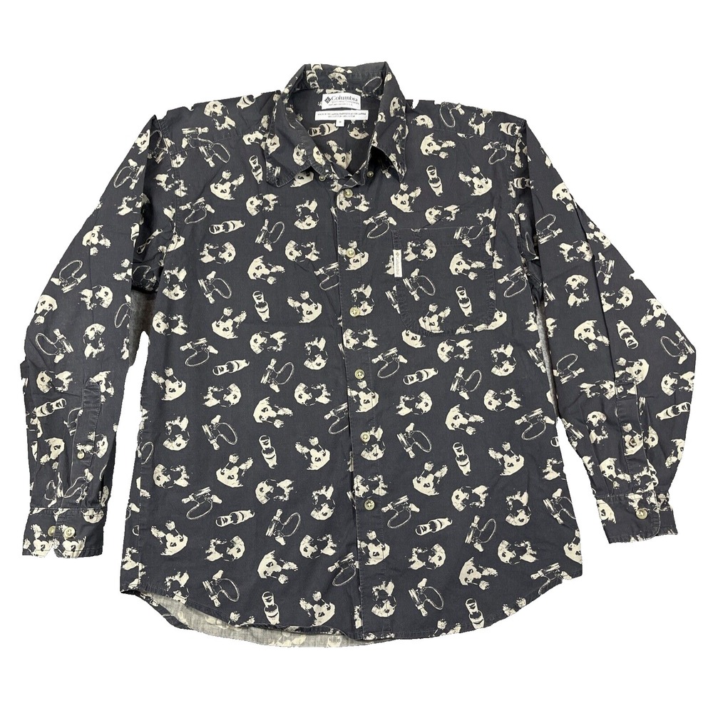 Columbia PFG AOP Shirt Mens Medium Black Dog Bird Call Hunting Outdoor